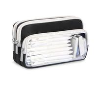 FINPAC Color-Block Pencil Case Organizer - 100 Pen Capacity, Clear PVC Layer & Triple Compartments for Quick Access, Pencil Box Organizer for Study, Artists, Professionals(Black and Beige)