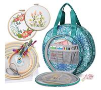 FINPAC Embroidery Project Bag, Embroidery Supplies Storage Carrying Tote Case with Multiple Pockets for Embroidery Floss, Embroidery Hoops, Thread, Emerald Illusions, 13x13x5 inches