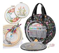 FINPAC Embroidery Project Bag, Embroidery Supplies Storage Carrying Tote Case with Multiple Pockets for Floss, Hoops, Thread, Stitch Tools Kit [Bag Only] (Black Floral)