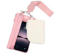 FINPAC Keychain Wristlet Wallet, Dual Pouch RFID Blocking Slim Card Holder and Phone Wallet, Mini Coin Hands-Free Purse, Pink and Beige