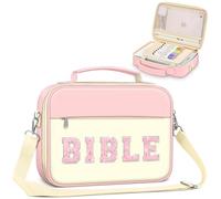 FINPAC Large Bible Cover w/Shoulder Strap, Carrying Book Case Church Bag with Pen Slots Zippered Pocket, Gift for Women Lady, Letter Pink, 11.41" x 8.26" x 2.44"