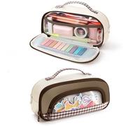 FINPAC Large Pencil Case Transparent Pocket - Corduroy Back | 40+ Pens Organizer | Zip Pocket | Wrist Strap (Coffee)