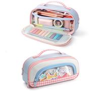 FINPAC Large Pencil Case Transparent Pocket - Corduroy Back | 40+ Pens Organizer | Zip Pocket | Wrist Strap (Pink and Blue)