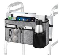 FINPAC Large Walker Tote Bag with Cup Holder, Folding Walker Attachment Hands-Free Storage Basket Mobility Aid Accessory Pouch for Elderly, Senior, Grey
