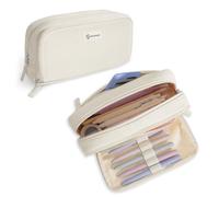 FINPAC Pencil Case, Double-Layer Corduroy Pencil Case with 3 Compartments, Large Capacity School Pencil Pouch, Portable Stationery Marker Pen Case, (Beige)