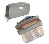 FINPAC Pencil Case, Double-Layer Corduroy Pencil Case with 3 Compartments, Large Capacity School Pencil Pouch, Portable Stationery Marker Pen Case, (Grey)