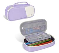 FINPAC Pencil Case, Large Capacity Multi-Use Pencil Case Box Organizer for Classroom, Office, or Travel with Carry Handle (Purple and Beige)