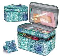 FINPAC Sewing Accessories Storage and Organizer Case, Double-Layer Sewing Kits Carrying Bag with Wrist Pin Cushion for Threads, Needles, Embroidery Floss Supplies, Felting Kits (Emerald Illusions)