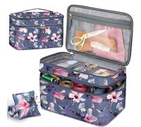 FINPAC Sewing Accessories Storage and Organizer Case, Double-Layer Sewing Kits Carrying Bag with Wrist Pin Cushion for Threads, Needles, Embroidery Floss Supplies, Felting Kits (Blooming Hibiscus)