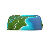 FInpan an Island in The Ocean Genuine Leather Zip Pen Pouch, Stationery Storage Bag Makeup Bag, Suitable for Students School Office.