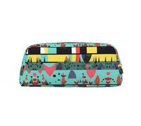 FInpan Geometric Patterns Genuine Leather Zip Pen Pouch, Stationery Storage Bag Makeup Bag, Suitable for Students School Office.