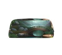 FInpan Little Bridge in The East Genuine Leather Zip Pen Pouch, Stationery Storage Bag Makeup Bag, Suitable for Students School Office.