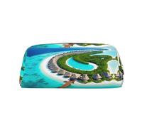 FInpan Maldives Scenery Genuine Leather Zip Pen Pouch, Stationery Storage Bag Makeup Bag, Suitable for Students School Office.