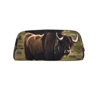 FInpan Mighty Highland Yak Genuine Leather Zip Pen Pouch, Stationery Storage Bag Makeup Bag, Suitable for Students School Office.
