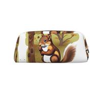 FInpan Nut-Eating Squirrel Genuine Leather Zip Pen Pouch, Stationery Storage Bag Makeup Bag, Suitable for Students School Office.