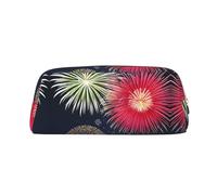 FInpan Splendid Fireworks Genuine Leather Zip Pen Pouch, Stationery Storage Bag Makeup Bag, Suitable for Students School Office.