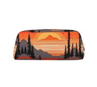 FInpan Tree Hills and Rivers Genuine Leather Zip Pen Pouch, Stationery Storage Bag Makeup Bag, Suitable for Students School Office.