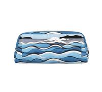 FInpan Waves Lapping at The Rocks Genuine Leather Zip Pen Pouch, Stationery Storage Bag Makeup Bag, Suitable for Students School Office.