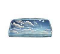 FInpan White Clouds Over The Sea Genuine Leather Zip Pen Pouch, Stationery Storage Bag Makeup Bag, Suitable for Students School Office.