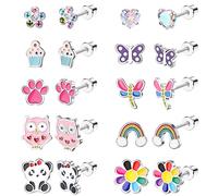 FINREZIO 10 Pairs Hypoallergenic Screw Back Earrings for Women Girls Stainless Steel Colorful Heart Flower Butterfly Rainbow Stud Earrings CZ Screwback Stud Earring Set, Stainless Steel