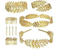 Finrezio 10Pcs Greek Goddess Laurel Leaf Bracelet Golden Crown Headband Hair Comb Hairpin Bridal Jewelry Set Armband Arm Cuff Wedding Headpiece Hair Accessories Gold