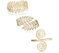 Finrezio 3Pcs Upper Arm Bracelet Cuff Victorian Filigree Swirl Gypsy Boho Gold Plated Bangle Bracelet Open Armlet Leaf Armband Jewelry Set