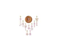 Finrezio 9 Pcs Belly Button Bars Stainless Steel Belly Button Ring Set 14G Belly Button Piercing Gold for Women Flower Butterfly Heart Navel Bars Dangly Belly Button Piercing Jewellery