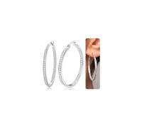 Finrezio 925 Sterling Silver Post Round Hoop Earrings for Women Inside-Out Cubic Zirconia Huggie Hoop Earring 38MM Lightweight Shiny Polished Rhinestone Hoops Earrings Gold/White Gold Plated