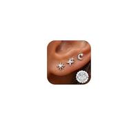 Finrezio Flat Back Earrings Rose Gold Helix Piercing Jewellery Hypoallergenic Small CZ Sun Moon and Star Earring Cartilage Helix Tragus Rose Gold Stud Earrings Gifts for Women Teenage Girls