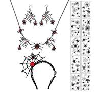 Finrezio Halloween Jewelry Spider Necklace Earrings Set for Women Spider Web Temporary Tattoos Hair Hoop Black Spider Web Pendant Choker Adjustable for Halloween Costume Party