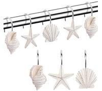 FINROS Seashell Shower Curtain Hooks，12PCS Anti Rust Decorative Resin Hooks for Bathroom, Baby Room, Bedroom, Living Room Decor (White Seashell)