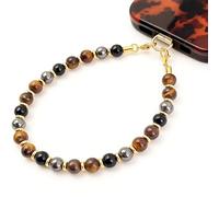 Finrray Natural Tiger's Eye Beaded Phone Wrist Strap,Handmade Stone Bead Phone Charm Chain with Golden Spacer Beads, Clear Patch & Lanyard, Trendy Boho Jewelry Accessory for Women & Men (Brown)