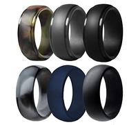 Finrray Silicone Wedding Ring for Men, 6 Pack Breathable Silicone Rubber Wedding Bands - 8.7 mm Wide (Camo, Navy Blue, Dark Grey, Black), Size 12