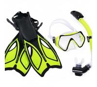 Fins And Snorkel Set With Breathing Tube Quick Release Adjustable Fins Wide Skin Friendly Silicone suitable for snorkeling lessons beach holidays travel packing, Yellow, L