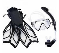 Fins And Snorkel Set With Breathing Tube Quick Release Adjustable Fins Wide Skin Friendly Silicone suitable for snorkeling lessons beach holidays travel packing, Black, M