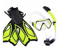 Fins And Snorkel Set With Breathing Tube Quick Release Adjustable Fins Wide Skin Friendly Silicone suitable for snorkeling lessons beach holidays travel packing, Yellow, M