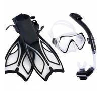 Fins And Snorkel Set With Breathing Tube Quick Release Adjustable Fins Wide Skin Friendly Silicone suitable for snorkeling lessons beach holidays travel packing, Black, L