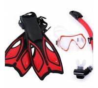 Fins And Snorkel Set With Breathing Tube Quick Release Adjustable Fins Wide Skin Friendly Silicone suitable for snorkeling lessons beach holidays travel packing, Red, L