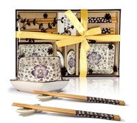 Finsink Sushi Dinnerware 2 Person 6-Piece Ceramic Dip Dish Set with Plum Blossom Motif Sushi Serving Set, Perfect as a Gift for Couples or Birthday