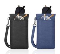 Fintie 2 Pack Double Eyeglasses Pouch with Carrying Strap, Portable Squeeze Top Microfiber Soft Glasses Case Sunglass Pouch, Black + Navy, One Size, Modern/Fitted