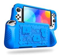 Fintie Case Compatible with Nintendo Switch (OLED Model) 2021 - Soft Silicone Non-Slip Shockproof Protective Case with 3 Playing Card Holders, Ergonomic Grip Design Handle Cover Case, Blue
