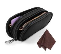 FINTIE Double Glasses Case for Men Women, Soft Portable Sunglasses Pouch with Clip, Dual Zipper Compartments, Black