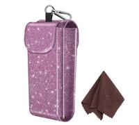 Fintie Double Glasses Case with Carabiner Hook, Portable Vegan Leather Eyeglass Case Anti-scratch Sunglasses Pouch, Glittering Purple, Large