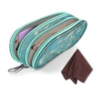 Fintie Double Sunglasses Case, Soft Portable Eyeglasses Pouch with Carabiner Clip, Dual Zipper Compartments for Men Women, blossom, Large And Small Compartments