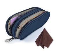 Fintie Double Sunglasses Case, Soft Portable Eyeglasses Pouch with Carabiner Clip, Dual Zipper Compartments for Men Women, Dark Blue, Large And Small Compartments, Double Compartment
