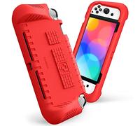 Fintie Kids Case for Nintendo Switch OLED Model 2021 with 2 Game Card Slots - [Kids Friendly] Ultralight Shockproof Protective Cover, Ergonomic Grip Case for Switch OLED Model Console 7.0", Red