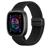 FINTIE Magnetic Braided Stretchy Band Compatible with Fitbit Versa 4 3 / Sense 2 1, Soft Woven Nylon Sport Elastic Replacement Strap Wrist Bands, Black