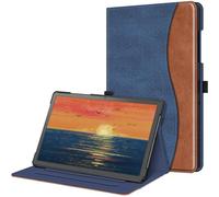 FINTIE Multi-Angle Viewing Case for Samsung Galaxy Tab A11+/ A9+ 11 Inch | Front Card Pocket, Synthetic Leather Exterior, Microfiber Interior, for Business Travel, Denim Blue/Brown