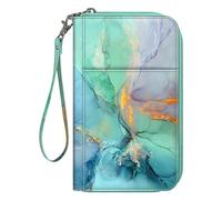 FINTIE Passport Holder Travel Wallet for Family 4-6, RFID Blocking Travel Document Organizer Clutch Bag for Passports, Business Cards, Credit Cards, Boarding Passes, Emerald Marble