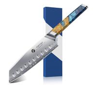 FINTISO Santoku Knife 7 inch Kitchen Knife S35VN Powder Steel Core for Meats Vegetables, 7-Layers Clad Steel Japanese Chef Knife Super Sharp Chopping Knife with Celestial Resin & Wood Handle Best Gift